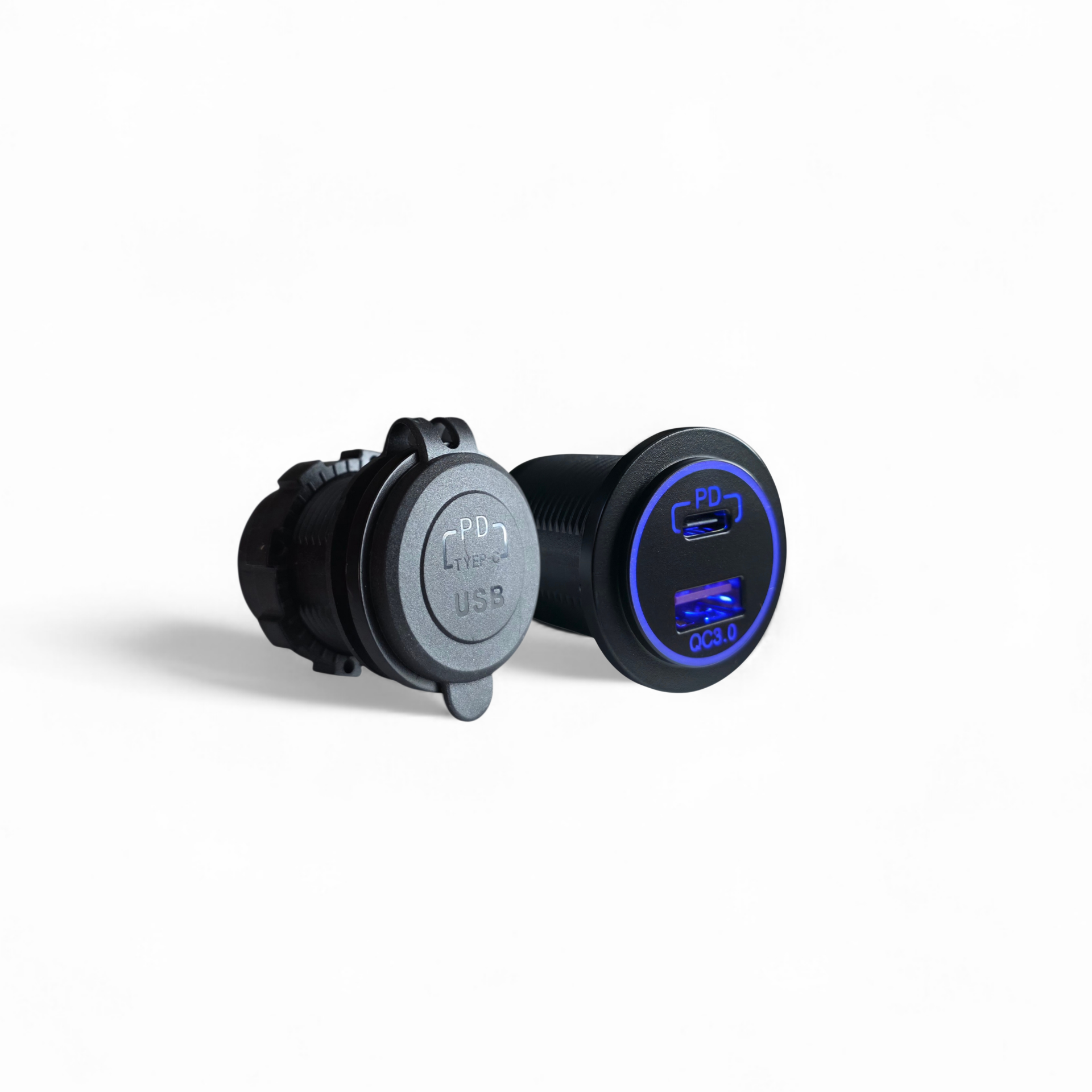 12V charging solution featuring a USB-C PD port and a USB-A port, designed for efficient charging.